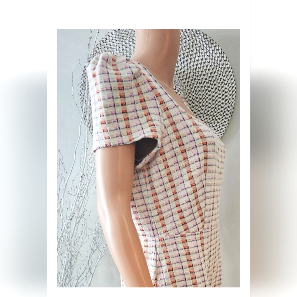 Ann Taylor Madras Beige Plaid Puff Sleeve Flare Dress - Picture 3 of 7